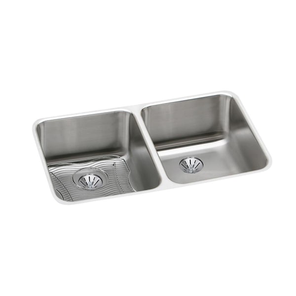 Lustertone Stainless Steel 30-3/4X18-1/2X10 Equal Double Bowl Undermount Sink Kit W/Perfect Drain